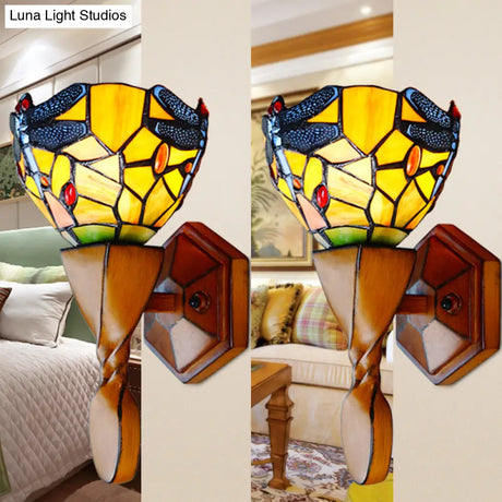 Vintage Stained Glass Dragonfly Wall Sconce - Yellow 1 Head Ideal For Corridor Lighting