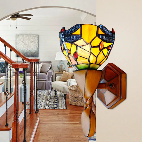 Vintage Stained Glass Dragonfly Wall Sconce - Yellow 1 Head Ideal For Corridor Lighting