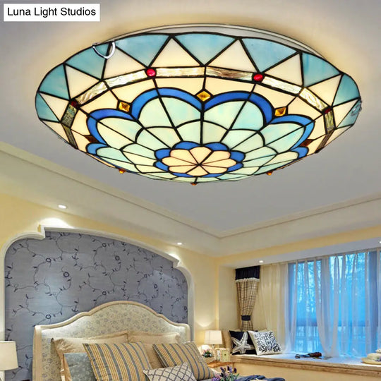 Vintage Stained Glass Flush Mount Ceiling Light In Blue - 12/16 Bowl Shape / 12