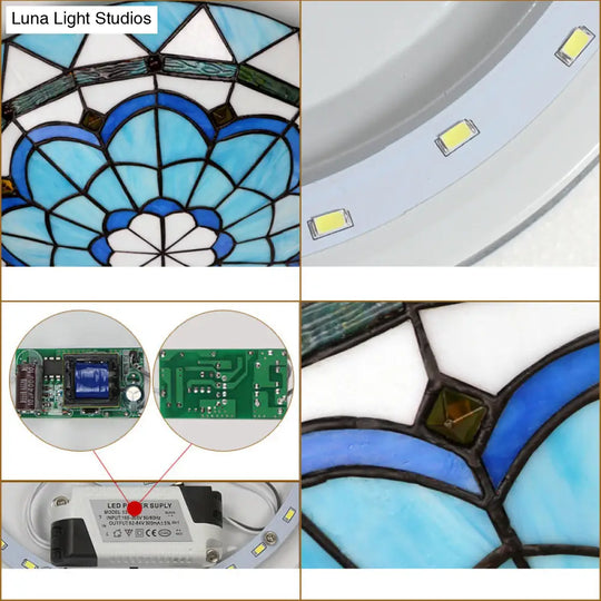 Vintage Stained Glass Flush Mount Ceiling Light In Blue - 12’/16’ Bowl Shape