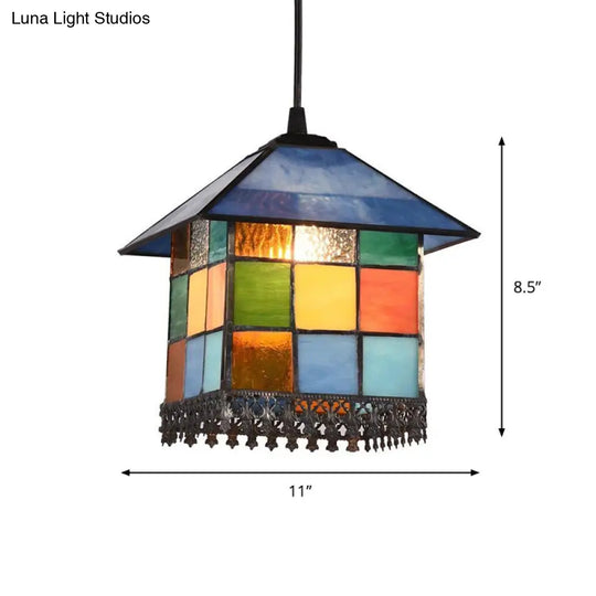 Vintage Stained Glass House Shade Pendant Ceiling Light With 1-Light Suspension