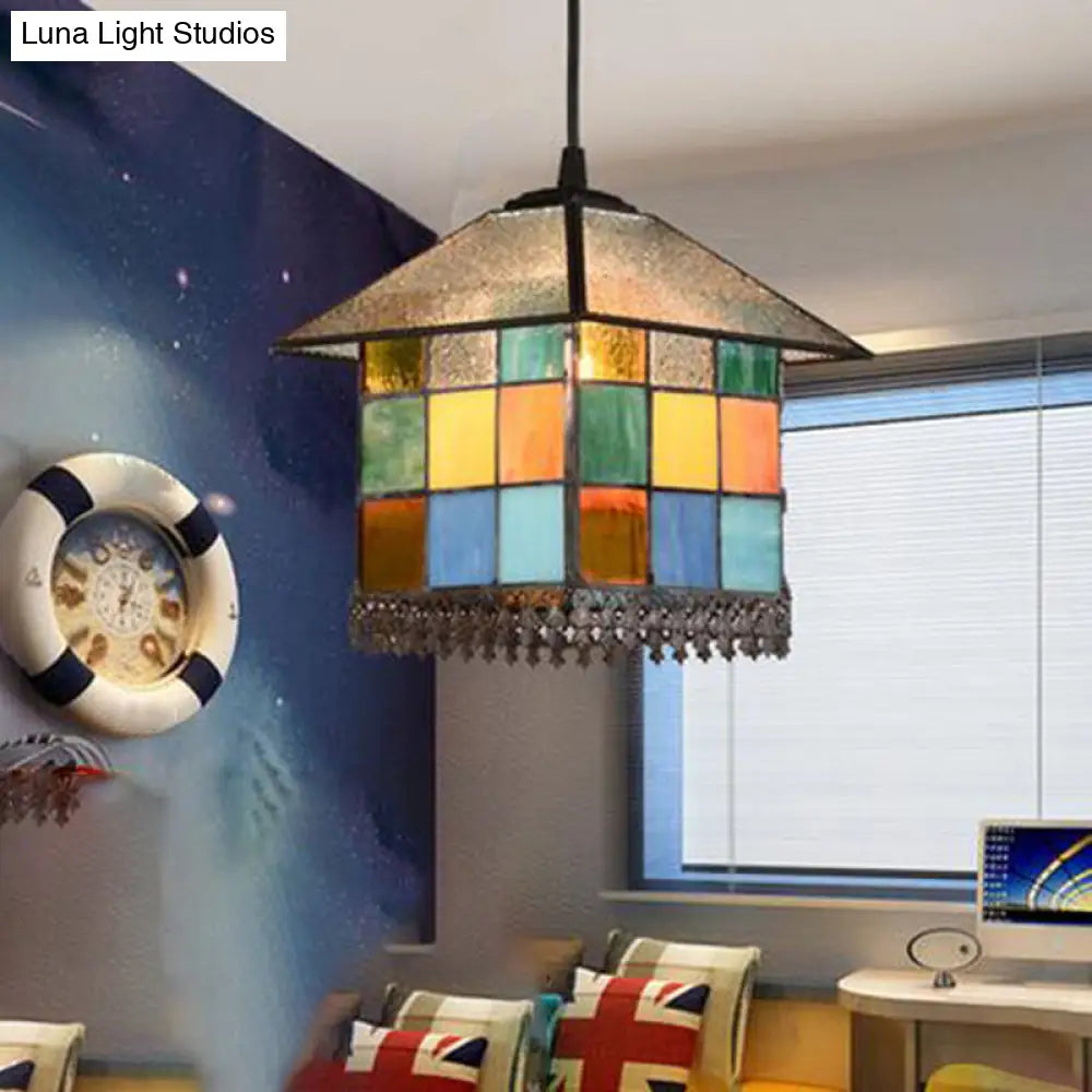 Vintage Stained Glass Pendant Ceiling Light With House Shade 1-Light Suspension Lighting Brown