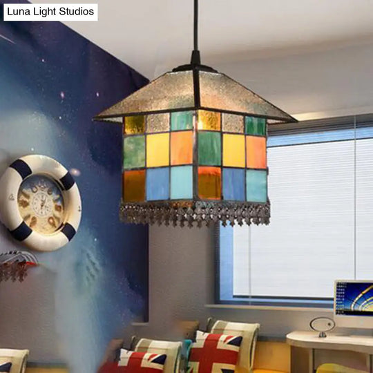 Vintage Stained Glass Pendant Ceiling Light With House Shade 1-Light Suspension Lighting Brown