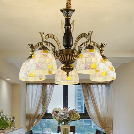Vintage Stained Glass Mosaic Hanging Light With 5 Lights - Perfect For Indoor Living Spaces White