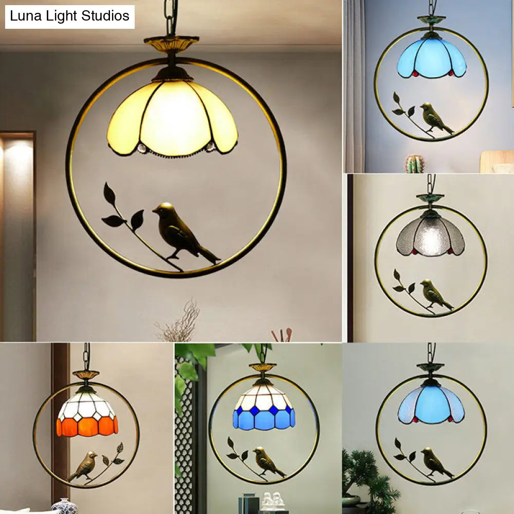 Vintage Stained Glass Pendant Light With Scalloped Dome For Single-Bulb Ceiling Hanging