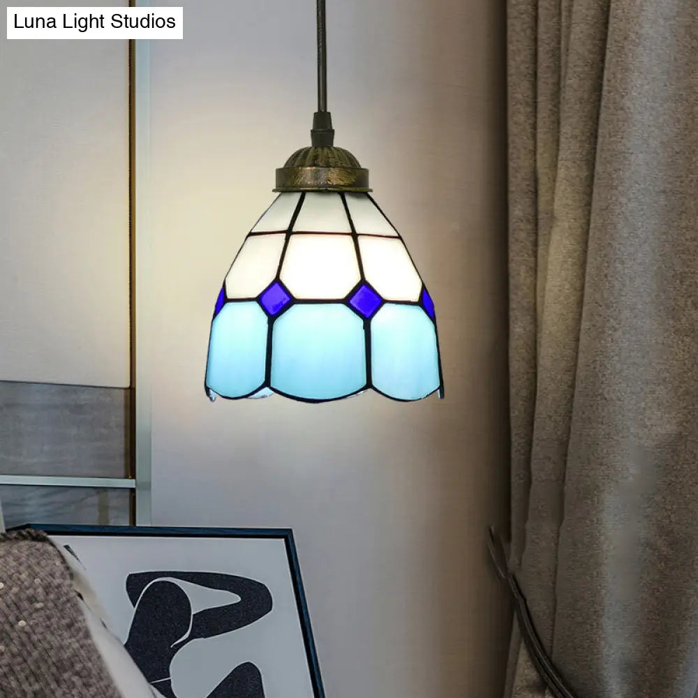Vintage Stained Glass Pendant Light With Scalloped Dome For Single-Bulb Ceiling Hanging Sky Blue / A