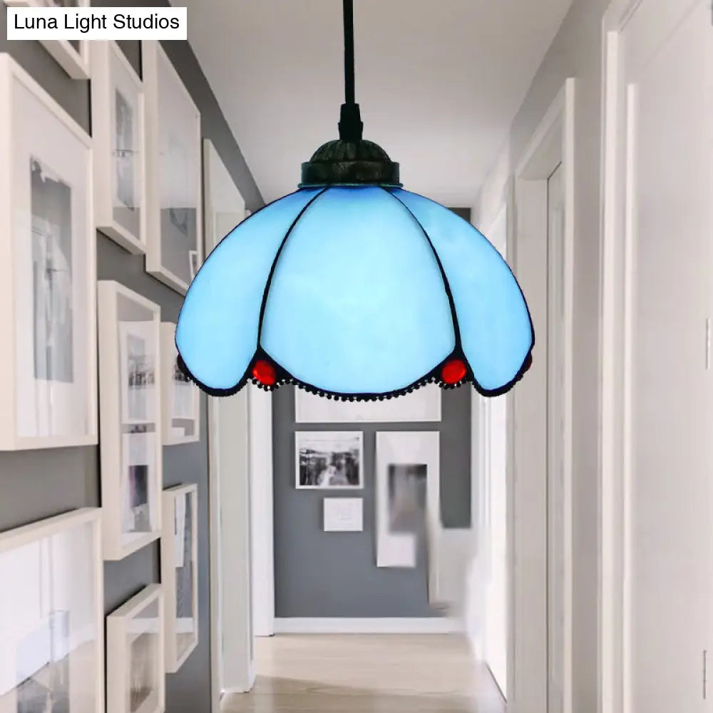 Vintage Stained Glass Pendant Light With Scalloped Dome For Single-Bulb Ceiling Hanging Blue / A