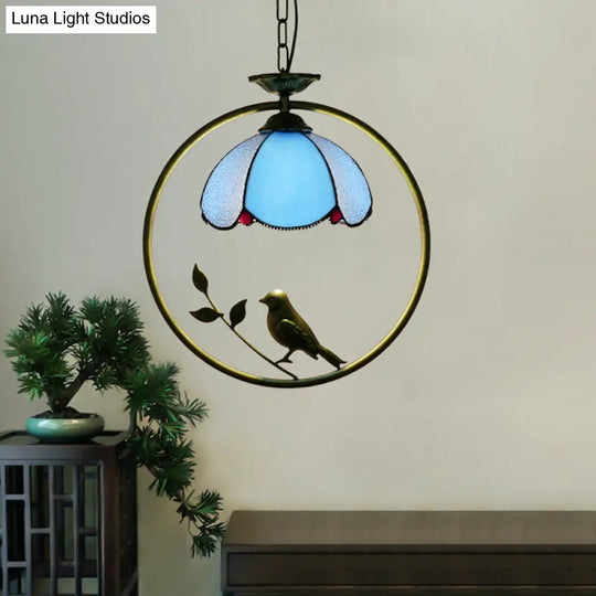 Vintage Stained Glass Pendant Light With Scalloped Dome For Single-Bulb Ceiling Hanging Blue / B
