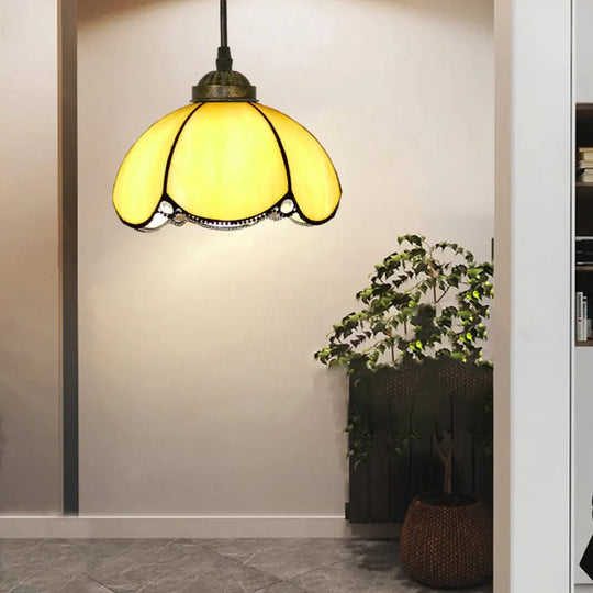 Vintage Stained Glass Pendant Light With Scalloped Dome Design Yellow / A