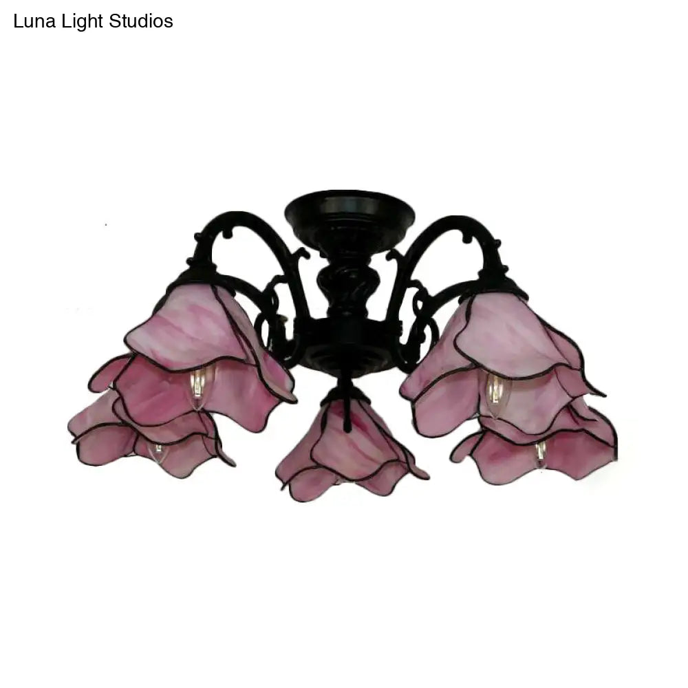 Vintage Stained Glass Petal Chandelier Lamp: 3/5 Bulbs Living Room Ceiling Light In Pink