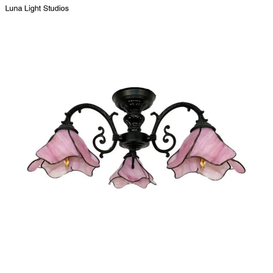 Vintage Stained Glass Petal Chandelier Lamp: 3/5 Bulbs Living Room Ceiling Light In Pink 3 /
