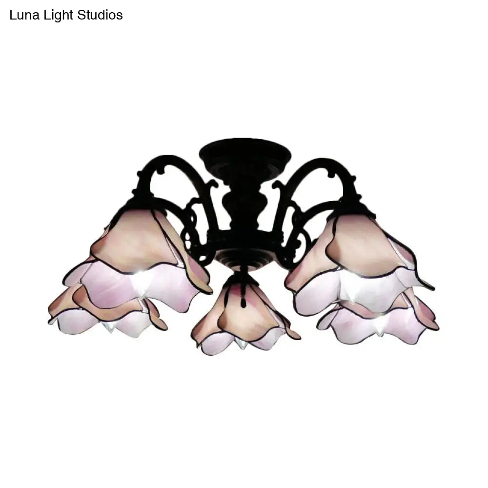 Vintage Stained Glass Petal Chandelier Lamp: 3/5 Bulbs Living Room Ceiling Light In Pink 5 /