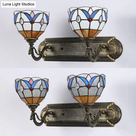 Vintage Stained Glass Sconce Light With 2 Heads For Bathroom Vanity - White/Clear Bedroom Lighting