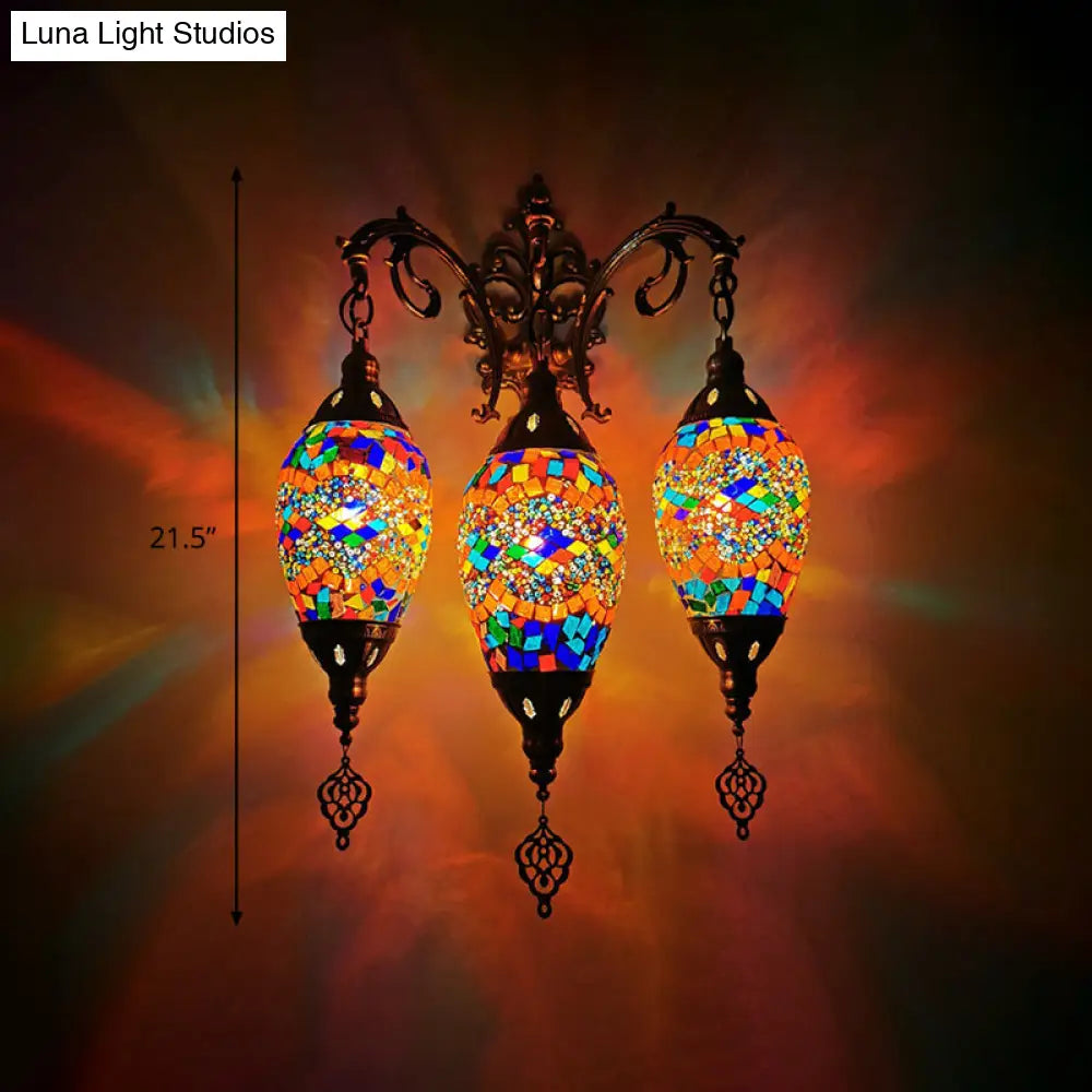Vintage Stained Glass Wall Mount Light Fixture - Yellow/Orange/Blue Oval 3 Lights