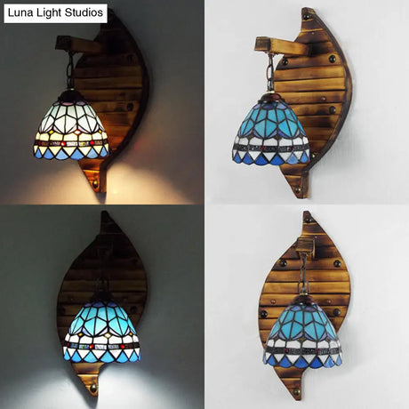 Vintage Stained Glass Wall Sconce In Beige/Blue For Corridors