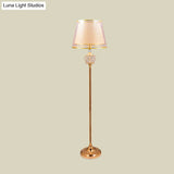 Vintage Standing Floor Lamp With Gold Double Cone Fabric Shade - 1-Light Chamber Reading