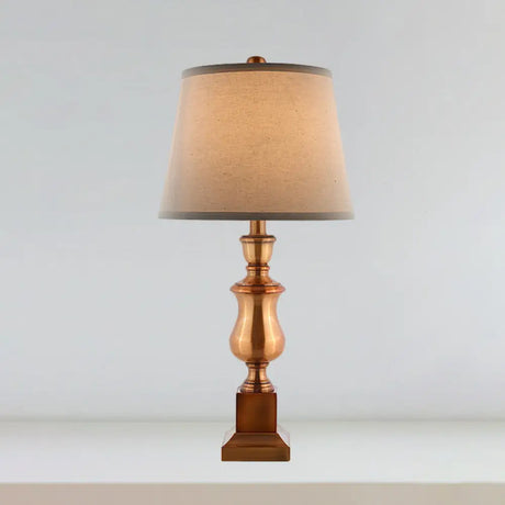 Vintage Style 1-Head Metallic Baluster Desk Lamp In Brown With Fabric Shade