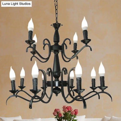Vintage Style 3/5-Head Flameless Candle Chandelier - Black Metallic Hanging Lamp For Living Room