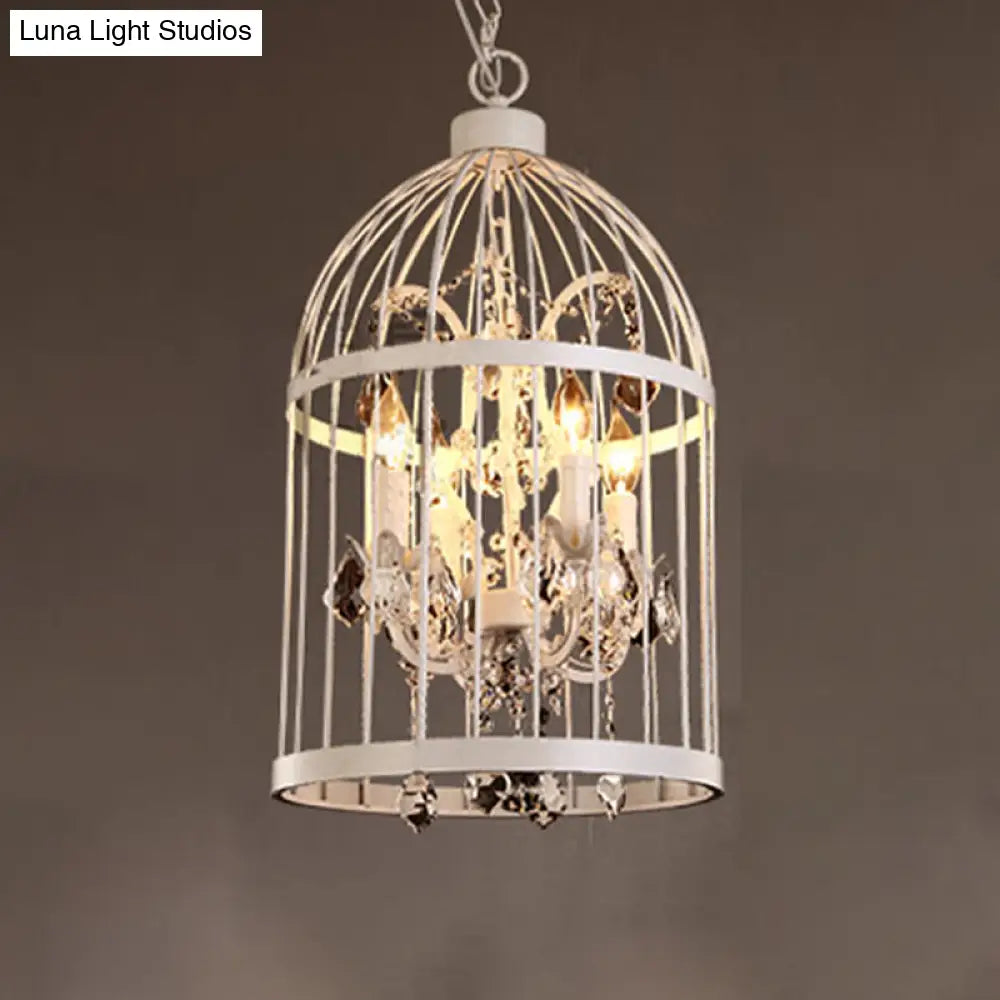 Vintage Style 4-Head Birdcage Chandelier in Black/White/Rust Iron – Elegant Hanging Lamp with Candle and Crystal Deco