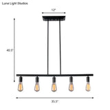 Vintage Style 5-Head Black Finish Linear Island Lamp - Metallic Hanging Light For Dining Room
