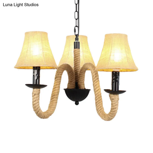 Vintage Style Hanging Chandelier With 3 Bell/Cone Lights Beige Fabric Shade & Rope Detail