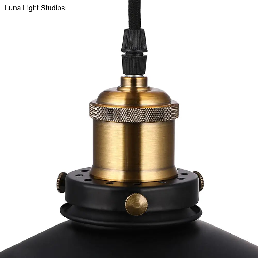 Vintage Style Metallic Black Conic Ceiling Light Fixture With Pulley - 1 Bulb Hanging Pendant For