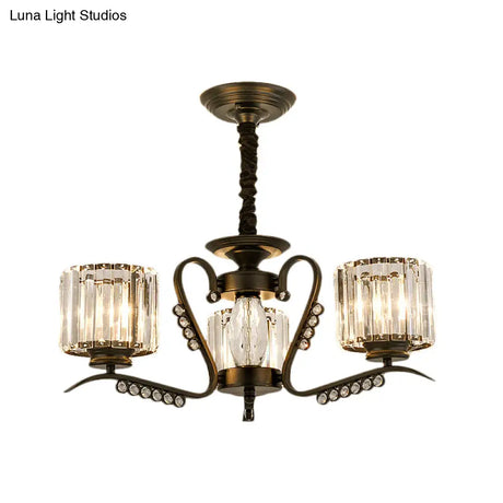 Vintage Style Black Crystal Drum Chandelier - 3/5 Head Suspension Lamp For Dining Room