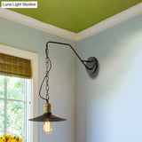 Vintage Style Black Metal Wall Hanging Sconce With Flat Shade Chain And 1 Bulb - Perfect Living Room