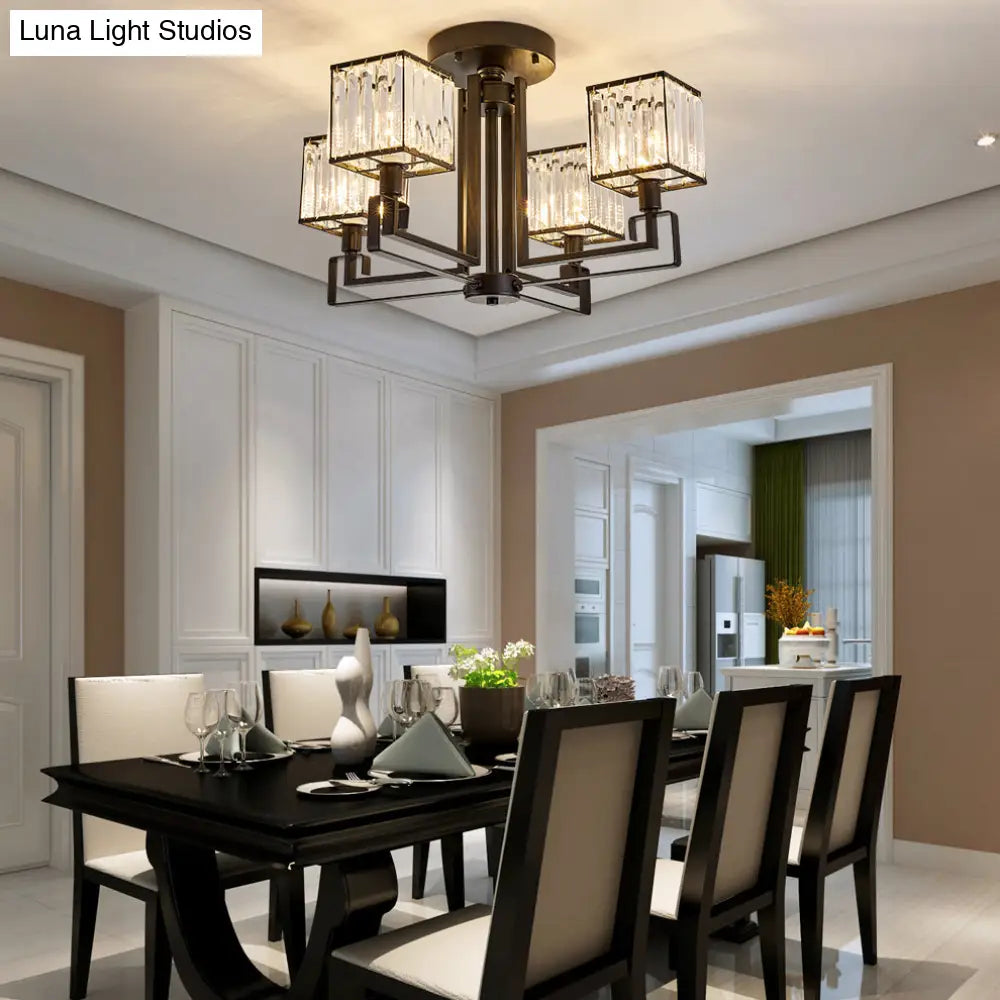 Vintage Style Black Square Metal Ceiling Light Fixture With Crystal Prism - 4/6/8 Lights Ideal For