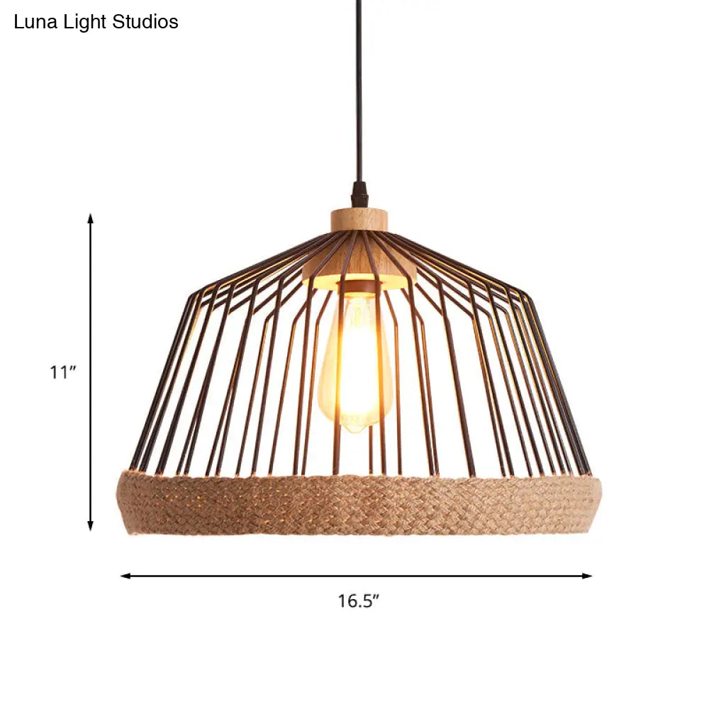 Vintage Style Black Wire Cage Ceiling Fixture - 1 Light Kitchen Hanging Lamp With Rope