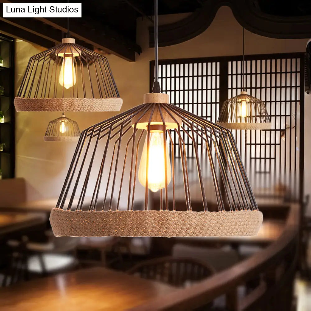 Vintage Style Black Wire Cage Ceiling Fixture - Rustic Iron Pendant With Rope For Kitchen Lighting