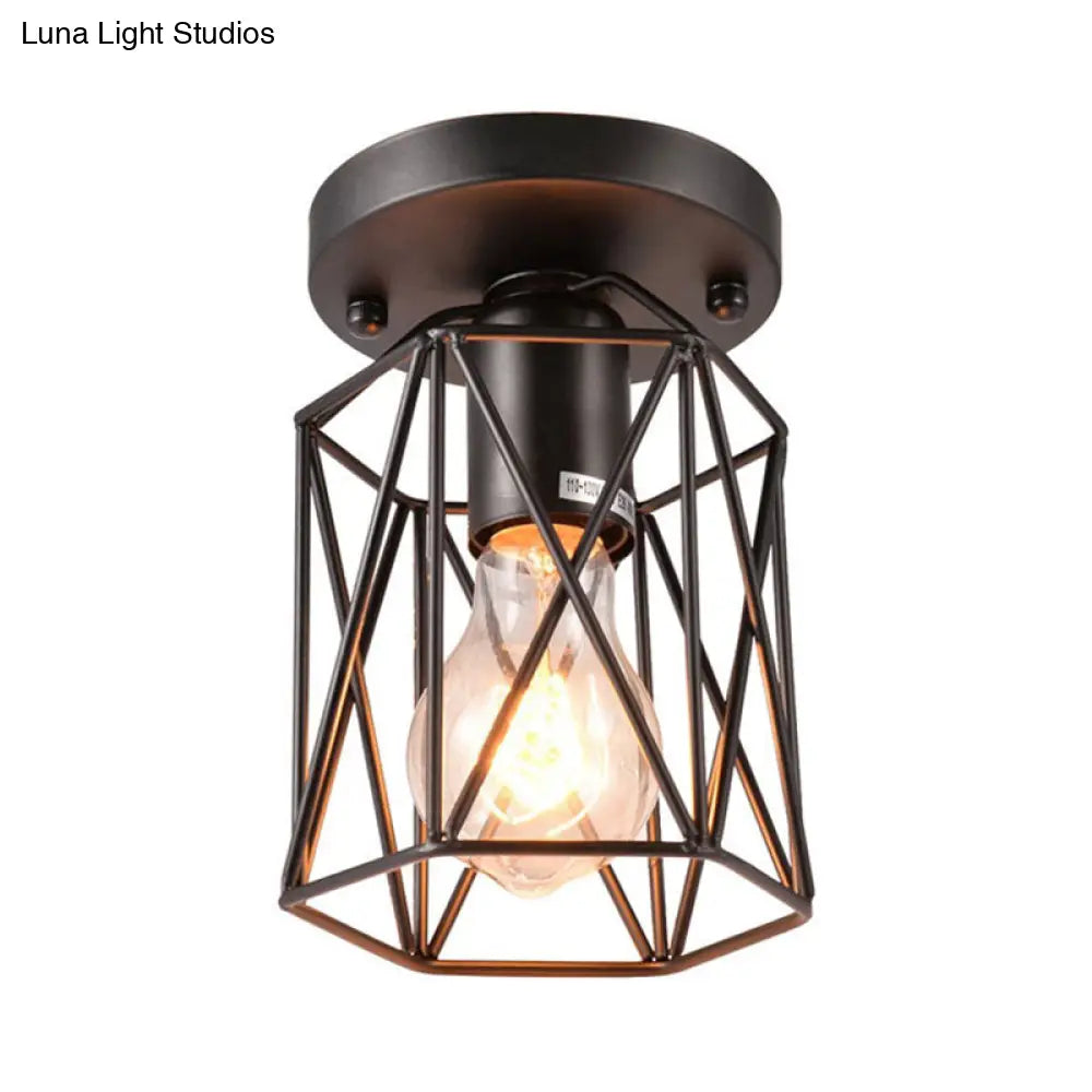 Vintage Style Black Wire Cage Semi Flush Light Ceiling Mounted Fixture For Kitchen