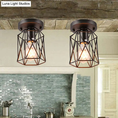 Vintage Style Black Wire Cage Semi Flush Light Ceiling Mounted Fixture For Kitchen