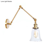 Vintage Style Brass Flared Wall Lighting With Clear Textured Glass - 1 Light Sconce Fixture For