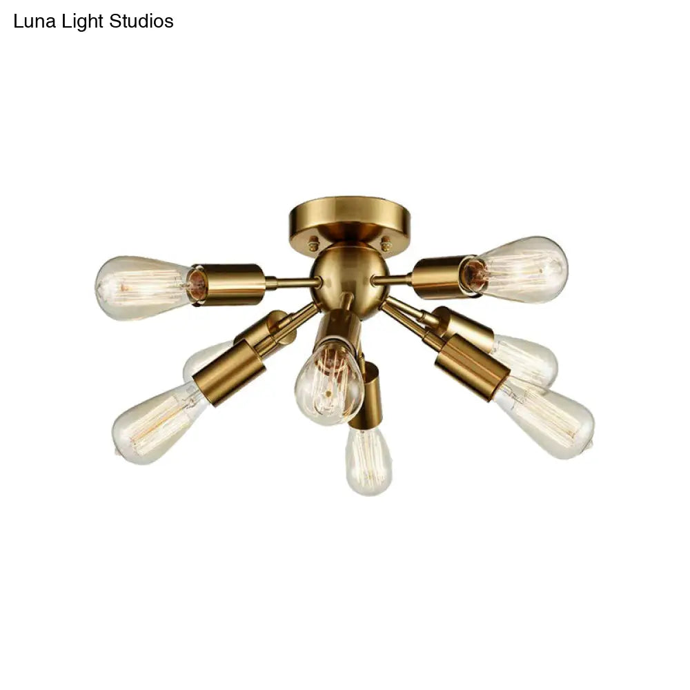 Vintage Style Brass/Nickel Finish Sputnik Ceiling Light - Bedroom Semi Flush With Open Bulb