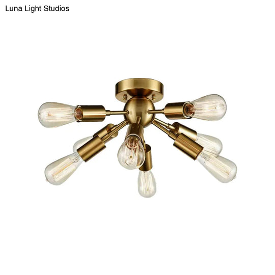 Vintage Style Brass/Nickel Finish Sputnik Ceiling Light - Bedroom Semi Flush With Open Bulb
