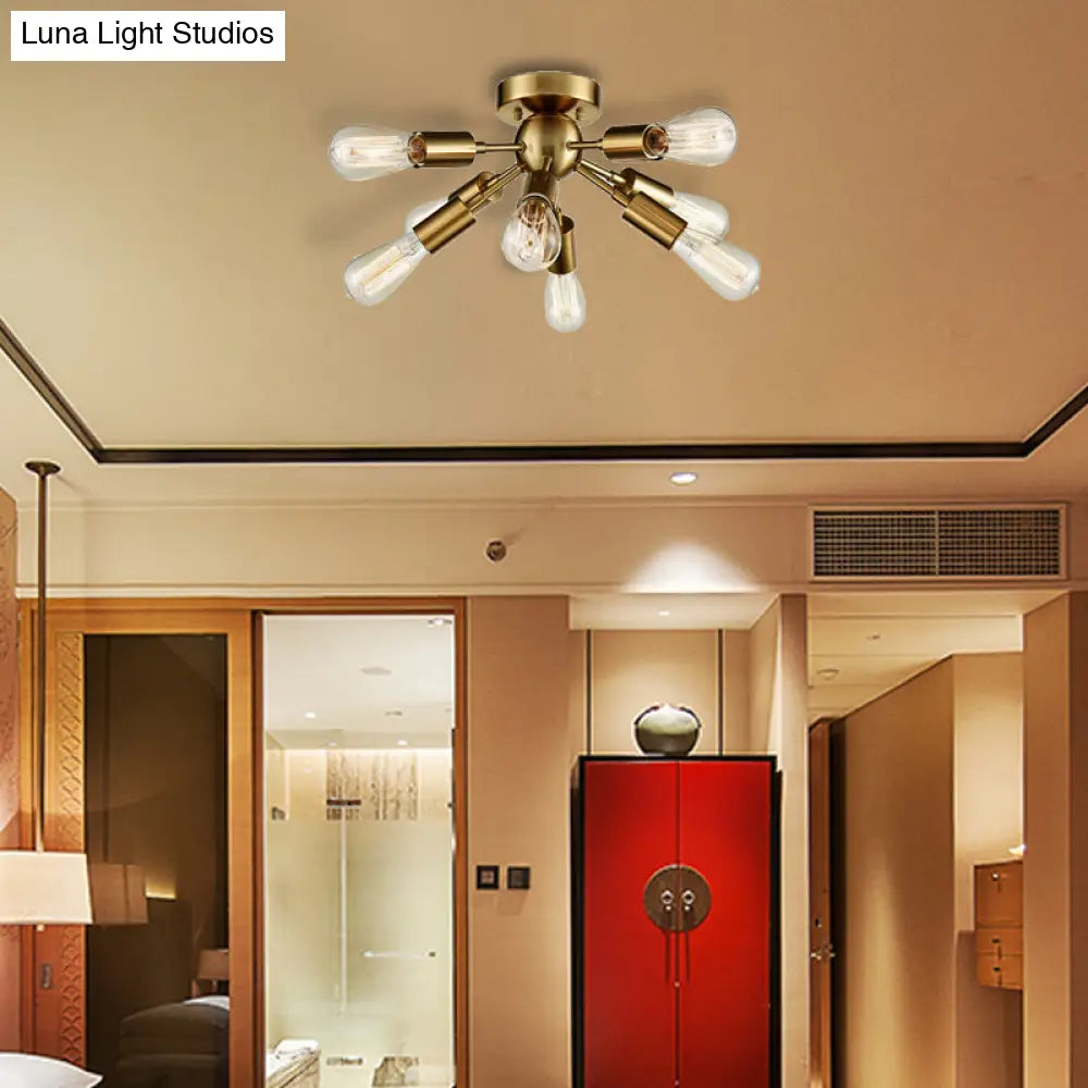 Vintage Style Brass/Nickel Finish Sputnik Ceiling Light - Bedroom Semi Flush With Open Bulb Brass