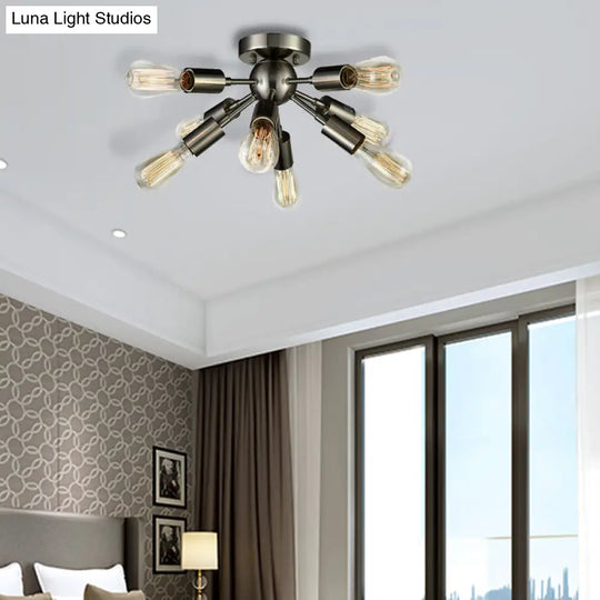 Vintage Style Brass/Nickel Finish Sputnik Ceiling Light - Bedroom Semi Flush With Open Bulb Nickel