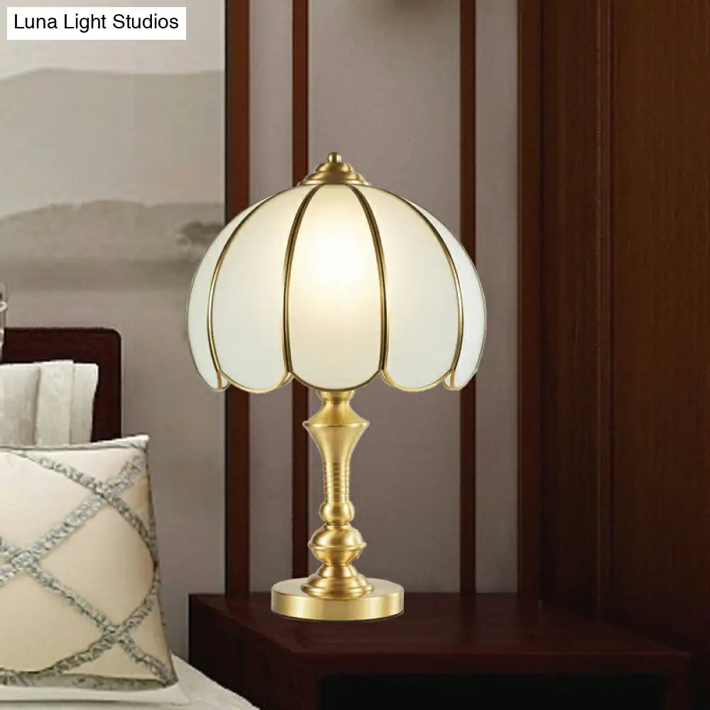 Vintage Style Brass Nightstand Lamp With Scalloped Opaque Glass Ideal For Bedroom Table Light