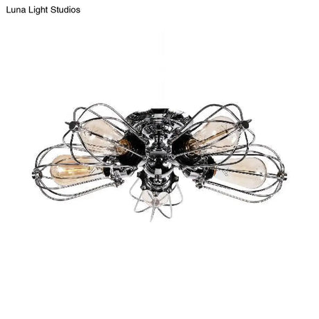 Vintage Style Bulb Shaped Iron Ceiling Light With Wire Guard | Semi Flush Mount 3/4/5 Lights