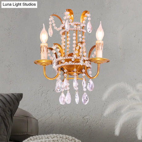 Vintage Style Clear Crystal Beaded Sconce Wall Lamp With Brass Finish - Ideal For Bedroom