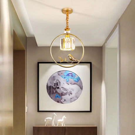Vintage Style Clear Crystal Drum Ceiling Light With Bird Accent In Black/Gold Gold