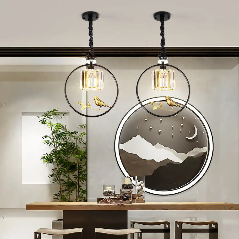 Vintage Style Clear Crystal Drum Ceiling Light With Bird Accent In Black/Gold Black