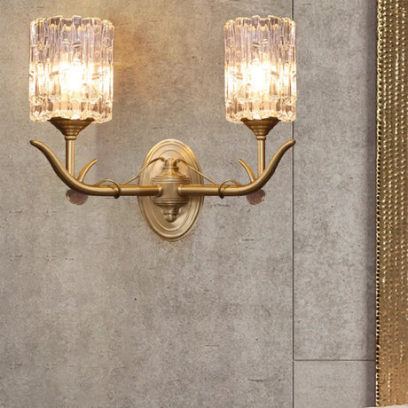 Vintage Style Clear Glass Wall Sconce With Gold Finish - Half-Head Cylindrical Corridor Mount Light