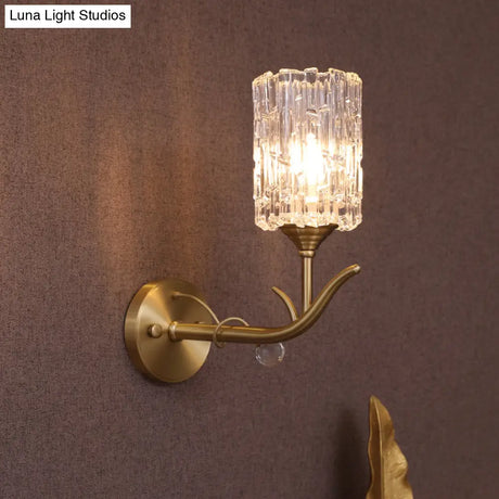 Vintage Style Clear Glass Wall Sconce With Gold Finish - Half-Head Cylindrical Corridor Mount Light