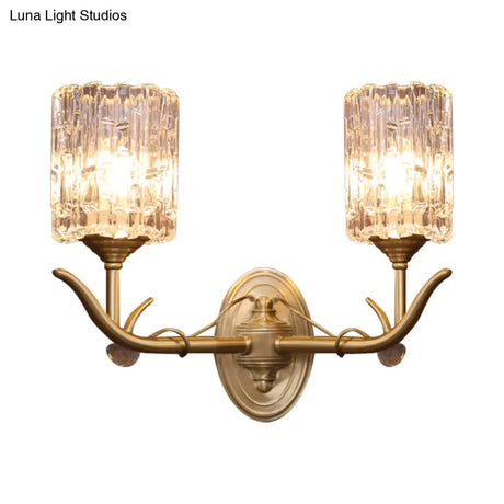 Vintage Style Clear Glass Wall Sconce With Gold Finish - Half-Head Cylindrical Corridor Mount Light