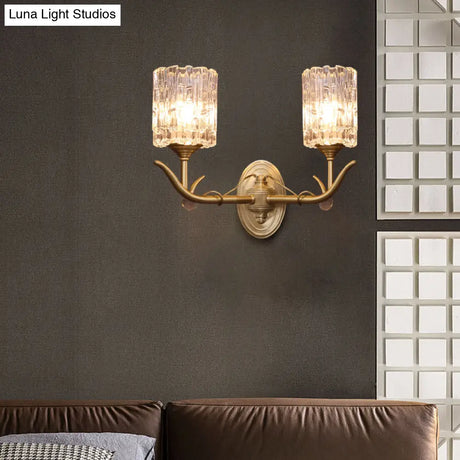 Vintage Style Clear Glass Wall Sconce With Gold Finish - Half-Head Cylindrical Corridor Mount Light