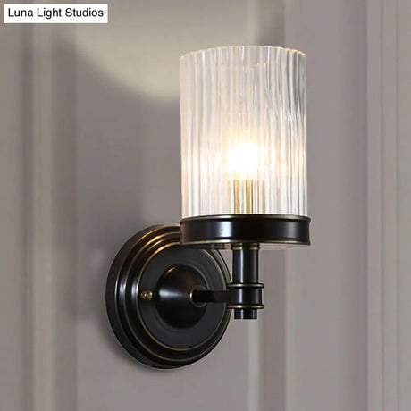 Vintage Style Clear Ribbed Glass Cylinder Wall Lamp - Black/Gold Finish Sconce Fixture For Living