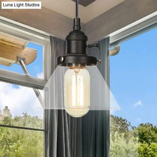 Vintage Style Conical Hanging Pendant Light With Amber/Clear Glass And Metal Head In