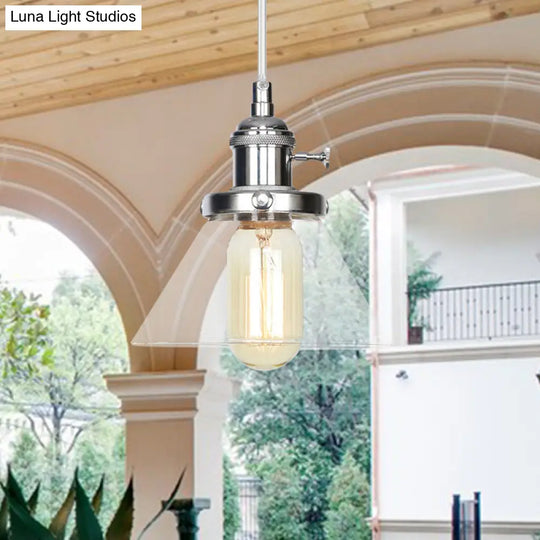 Vintage Style Conical Hanging Pendant Light With Amber/Clear Glass And Metal Head In